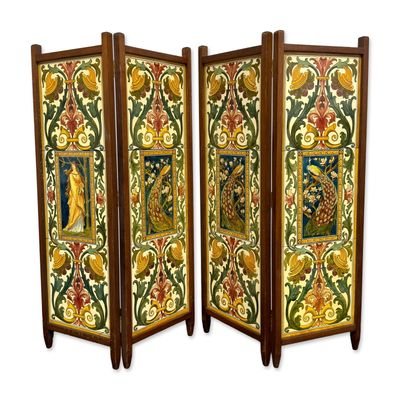 Sale Photo Thumbnail #211: Pair of Framed Doulton Peacock and Maiden Bifold Tile Panel Screens