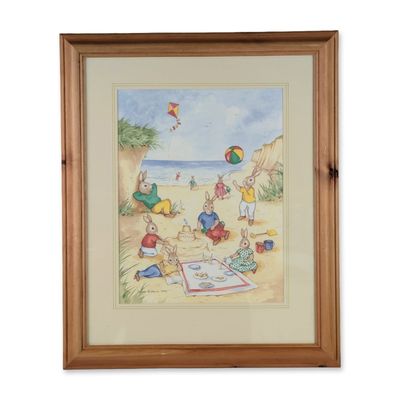 Sale Photo Thumbnail #12: Denise Andrews 1994 Framed Original Watercolor Bunnykins Painting, The Beach