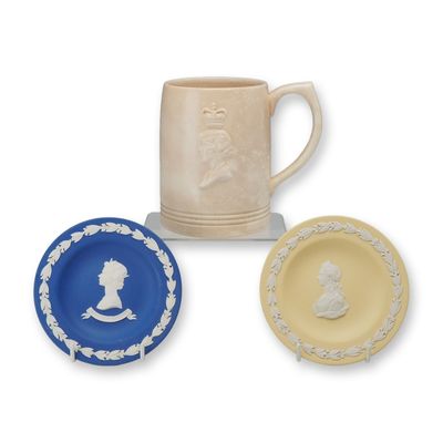 Sale Photo Thumbnail #273: 3pc Wedgwood Commemorative Ceramics Including Keith Murray Coronation Mug and Jasperware Plates