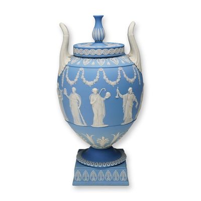 Sale Photo Thumbnail #385: Wedgwood Jasperware Light Blue Vase and Cover, Apollo and The Nine Muses