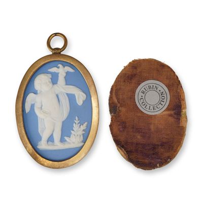 Sale Photo Thumbnail #399: Wedgwood Blue Jasperware Putto and Bird Pendant in Copper Frame