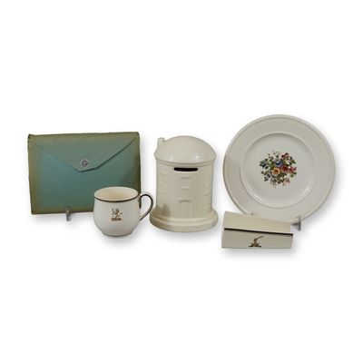 Sale Photo Thumbnail #401: 5pc Wedgwood Set Including Round House Money Bank, Asparagus Holder, and Ephemera