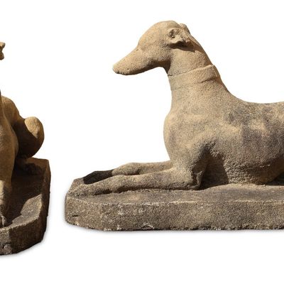 Pair of Cast Stone Recumbent Whippets