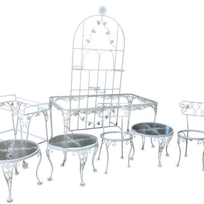 Group of Assorted Round White Painted Cast-Aluminum Outdoor Furniture
