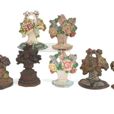 Nine Painted Cast-Iron Flower Basket Doorstops