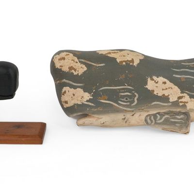 Two Painted Wood Decorative Sperm Whales