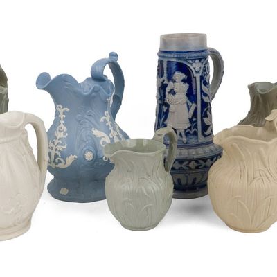 Five Ridgeway Molded Stoneware Cattails Pitchers