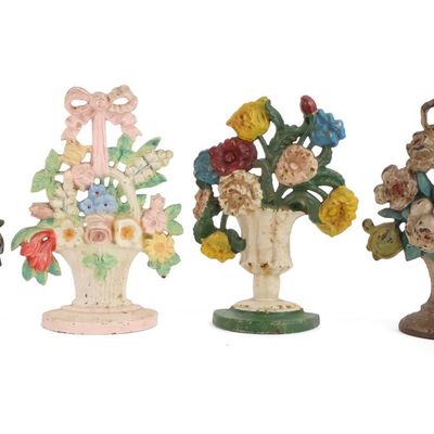 Six Painted Cast-Iron Flower Basket Doorstops