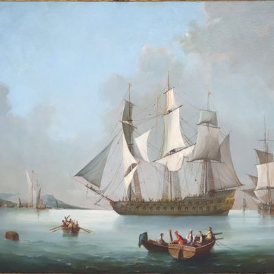 Clipper Ships In a Harbor, Oil on Canvas