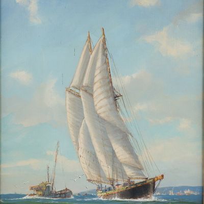 Hjalmar Amundsen, American 1911-2001, Sailboat and Tugboat in Harbor, Oil on Canvas