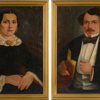 Pair of Folk Art Portraits, Oil on Canvas