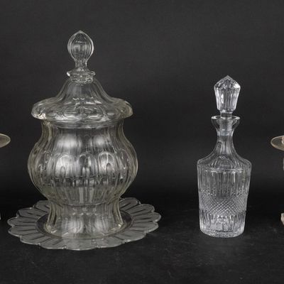 Colorless Molded Glass Punch Bowl with Lid and Underplate