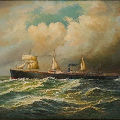Maritime Portrait of a Steam and Sail Ship, Oil on Masonite