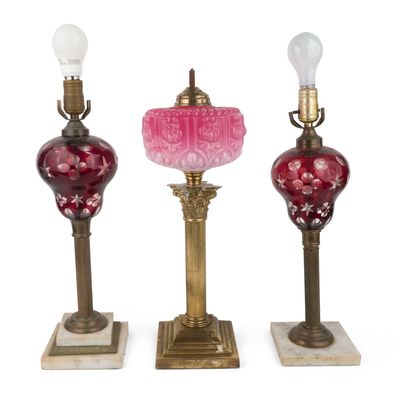Three Brass and Glass Fluid Lamps