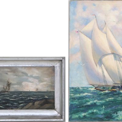 Sailing Ships at Sea, Oil on Canvas