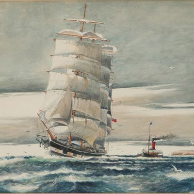 W.H. Baker, Clipper Ship and Tugboat, Watercolor and Gouache