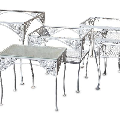 Five Assorted White Painted Cast-Aluminum Outdoor Tables