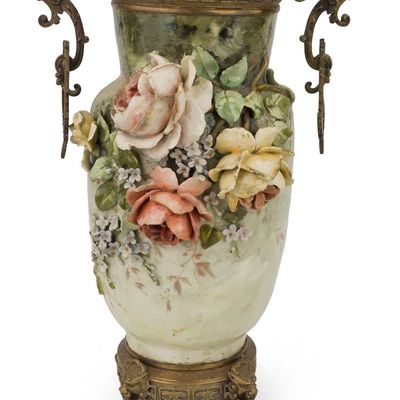French Metal Mounted Barbotine Majolica Vase