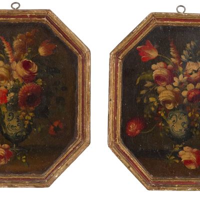 Pair of Still Lifes of Flowers in Vases, Oil on Board