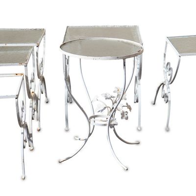 Seven Assorted White Painted Cast-Aluminum Outdoor Tables