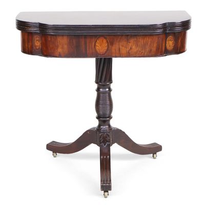 Regency Style Inlaid and Carved Mahogany Swivel Top Games Table
