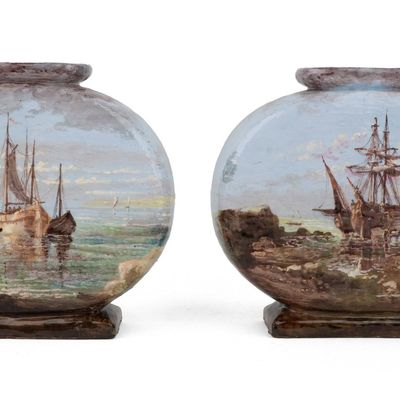 Pair of Hand Painted Nautical Themed Ceramic Vases