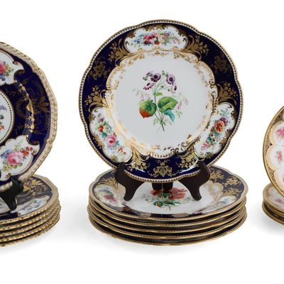 Three Sets of Floral, Cobalt, and Gilt Plates