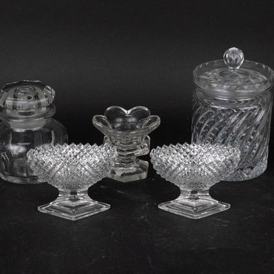 Six Hobnail Colorless Glass Footed Nut Dishes