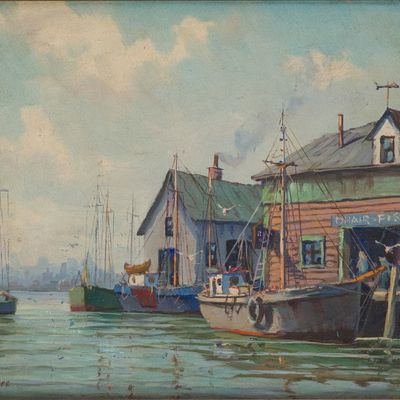 Hjalmar Amundsen, 1911-2001, Fishing Docks, Oil on Canvas