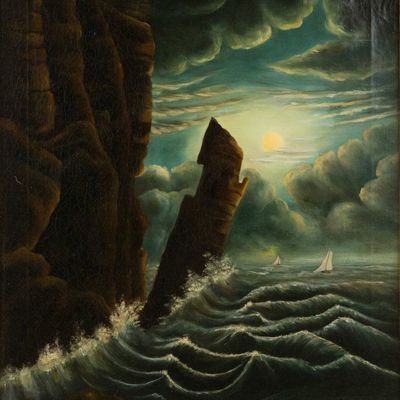 Seaside Cliffs in Moonlight, Oil on Canvas