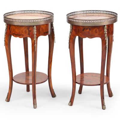 Pair of Louis XV Style Marquetry Inlaid Marble Top Gueridons