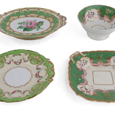 Group of Green and Gilt Porcelain Table Articles