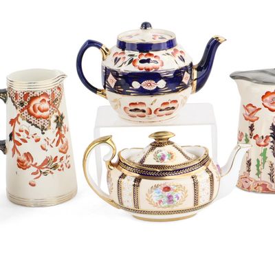 Six Imari Palette Pitchers, Teapots, and Sugar Bowl