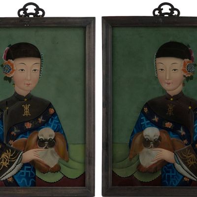 Pair of Chinese Reverse Painted Portraits of Girls with Pekinese