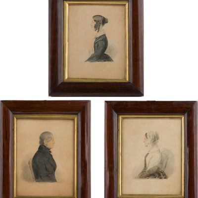 Three Profile Portraits of a Family, Watercolor on Paper
