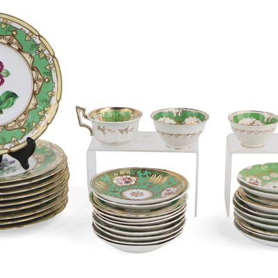 Group of Floral Decorated Green and Gilt Dinnerware