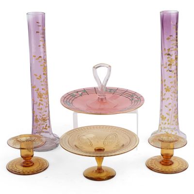 Pair of Hand-Painted Amethyst Glass Tall Vases