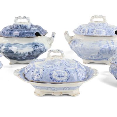 Five Ridgeways Blue Transferware Covered Serving Dishes
