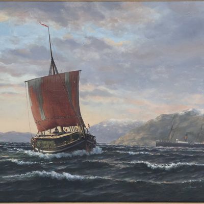 Maritime Scene with Sailboats and Steamship, Oil on Canvas