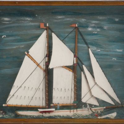 Folk Art Maritime Shadowbox of a Sailing Ship
