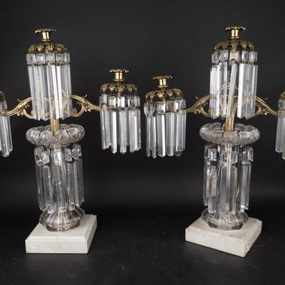 Pair of Victorian Crystal and Gilt Metal Candelabra