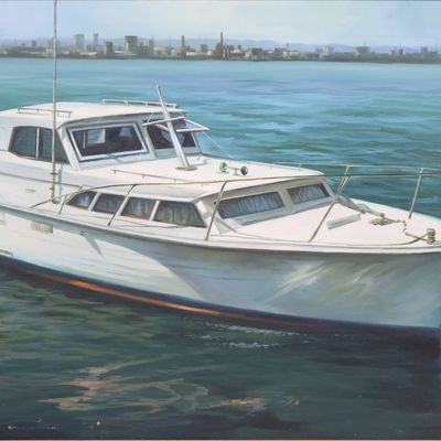 White Motor Yacht on Water, Oil on Canvas