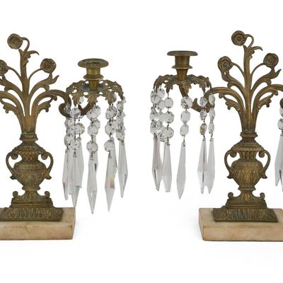 Pair of Victorian Brass and Crystal Candelabra