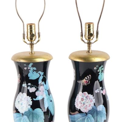 Pair of Floral Decorated Metal Table Lamps