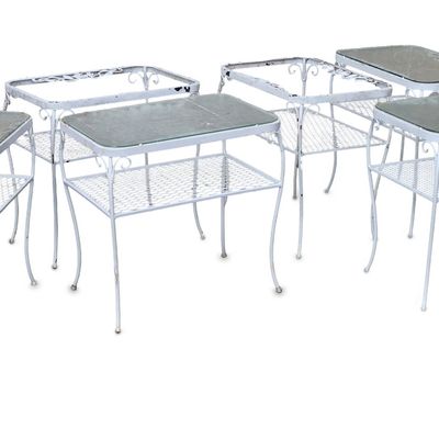 Six White Painted Cast-Aluminum Outdoor Side Tables