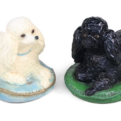 Two Glazed Ceramic Poodles on Pillows