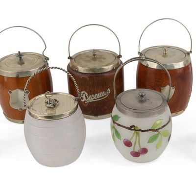 Seven Oak and Glass Metal Mounted Biscuit Barrels