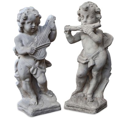Pair of Cast Stone and Cast Resin Musical Putti