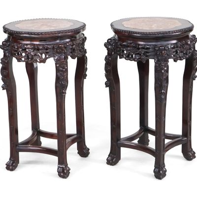 Pair of Chinese Marble Inset Hardwood Stands