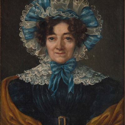 Portrait of Lady in Blue and White Lace Bonnet, Oil on Canvas